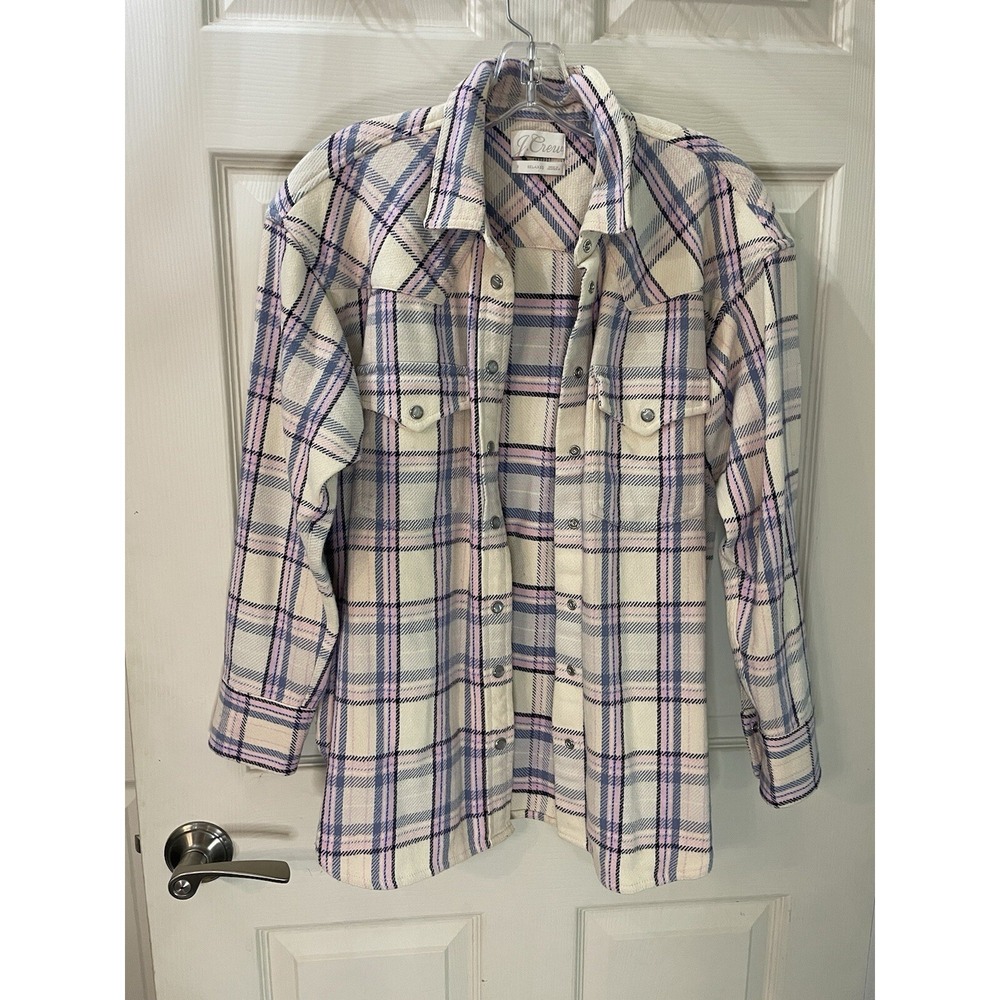 J. Crew Women's Plaid Pink/Black/Blue Western Chore Shacket Pearl Button  Size 2